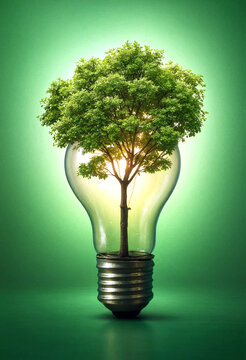 Inspiring concept of a green tree growing inside a light bulb symbolizing ecofriendly innovation and sustainability ideas