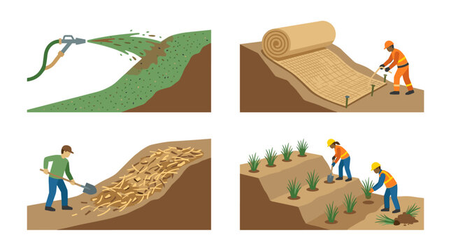 Set of four flat color vector icons showing mining pit slope erosion control methods, including hydroseeding, erosion control blanket, mulch layer, and native grass planting for land restoration