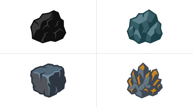 Set of four flat vector icons depicting different mineral ores including chromite, vanadium, molybdenum, and antimony, presented in a 2x2 grid