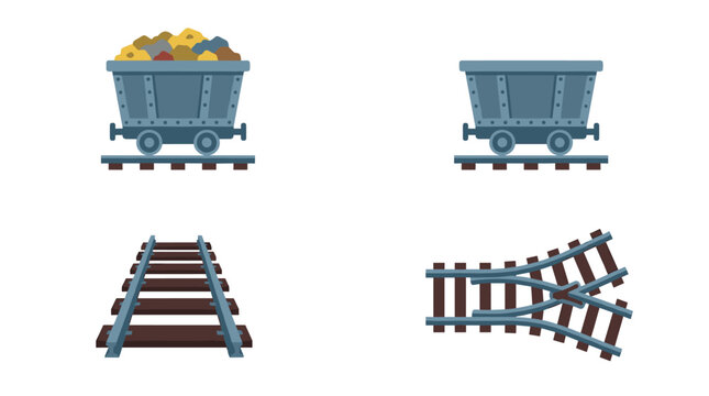 Set of four mining cart and rail icons flat color, including ore cart full, empty mine cart, rail track section, and rail switch junction