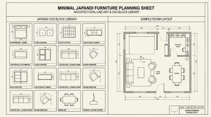 Minimal japandi furniture planning sheet and architectural cad block library © S.Siam