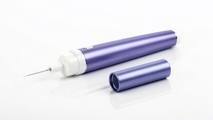 Fototapeta premium Detailed metallic purple cosmetic pen with fine needle tip and detached cap on white background, ideal for beauty product advertising, skincare tools and dermatology equipment