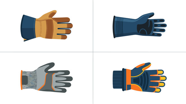 Set of four pixel art mining and work glove icons, safety hand protection, including leather, chemical, cut-resistant, and insulated winter gloves