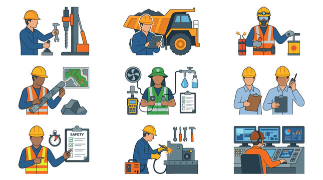Set of mining industry personnel role icons flat color vector icons 3x3 grid including drill operator truck driver blast crew geotechnical engineer environmental officer welder and control room
