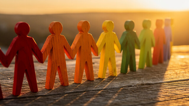 Diverse wooden figures holding hands in a line, bathed in warm sunset light, conceptual for unity, teamwork and community building