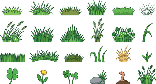 Green grass tufts vector cartoon illustration set featuring lawn borders field weeds clover leaves yellow dandelion stone and earthworm isolated on white