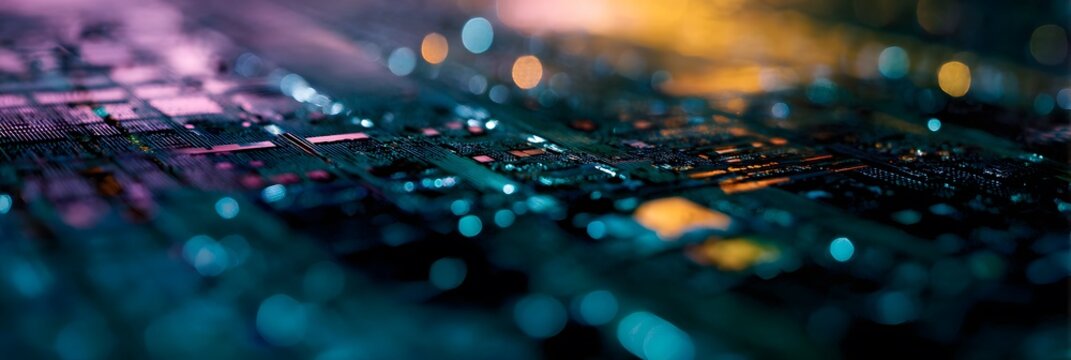 Gros plan d'un circuit imprim&eacute; futuriste lumineux, fond abstrait pour concepts technologiques, cybers&eacute;curit&eacute; et intelligence artificielle