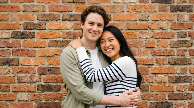 Portrait of young multiracial couple smiling at camera over wall background. Joyful millennial man hugging asian girlfriend outdoors. Love, friendship and human relationship concept