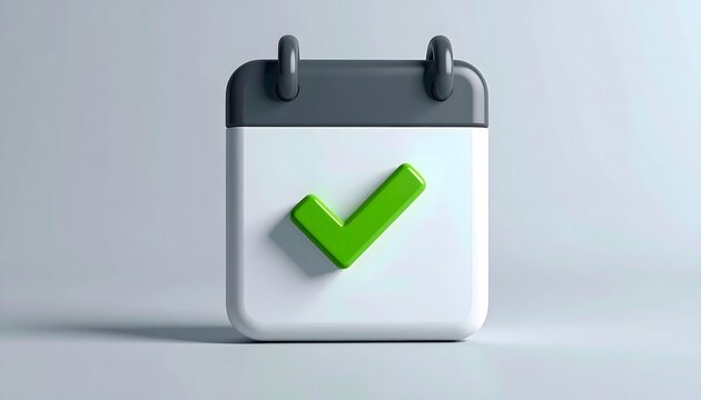 3D calendar icon featuring a glossy green check mark on a white page. Productivity and deadline concept.