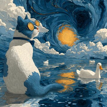 Whimsical blue and white cat wearing glasses sitting near swimming ducks in a swirling starry night art style.
