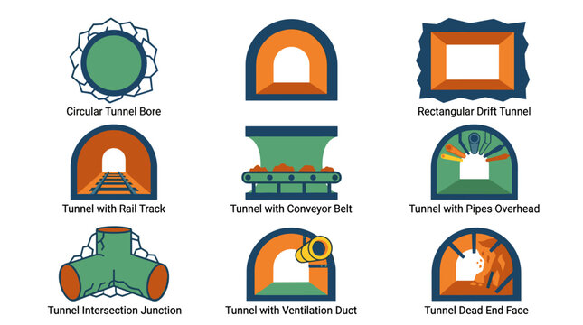 Set of nine mining tunnel cross-section icons in a 3x3 grid, featuring circular, horseshoe, and rectangular tunnel shapes, with variations including rail tracks, conveyor belts, and rockfall