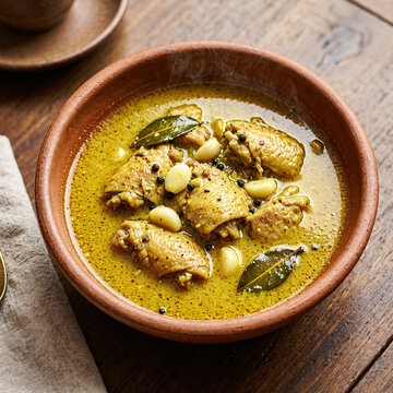 Traditional chicken stew in golden spiced broth with garlic cloves, bay leaves, and black peppercorns served in an earthenware bowl.
