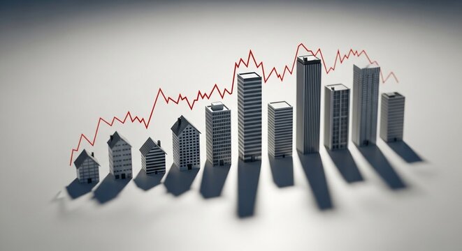 Miniature housing market graph with rising trend and diverse buildings, showcasing property growth and economic fluctuations.