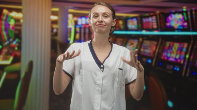 Woman in white uniform with palms up and slight shrug by colorful slot machines in casino building; bemused uncertainty.