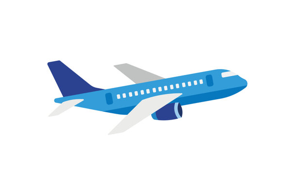 Blue passenger airplane vector illustration. Commercial jet airliner flat design isolated on white. Flying aircraft side view icon.
