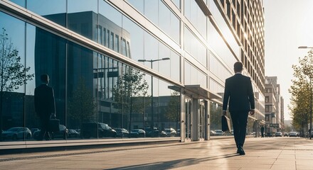 Fototapeta premium Modern commercial building exterior with reflections and a businessman walking on the sidewalk