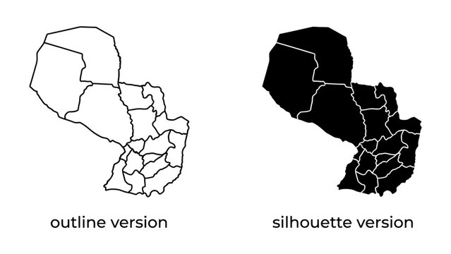 Paraguay Map Outlines: Two distinct outlines of Paraguay, one a clean white silhouette and the other a detailed black silhouette, showcasing the country's geographical borders and internal divisions.