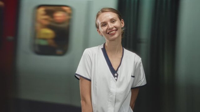 Woman nurse smiling with hands behind back in white uniform on subway platform inside building; calm joy.