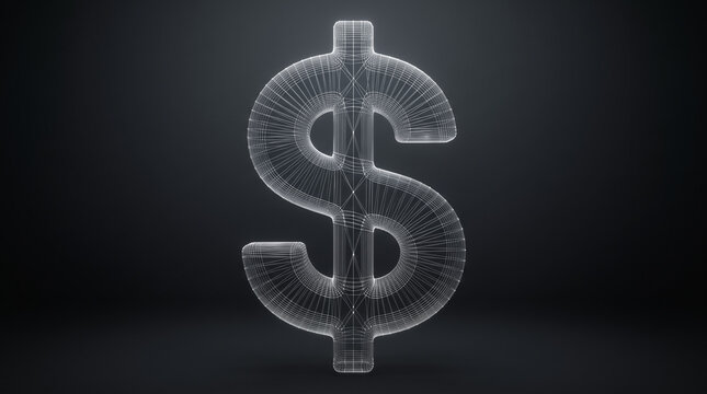 Glowing white wireframe dollar sign symbol rendered in three dimensions against a dark grey background for modern financial concept design