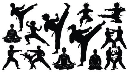Martial arts silhouettes set, karate and taekwondo fighter poses, black vector icons of mma athletes in action, combat sports training elements © Shahzaib