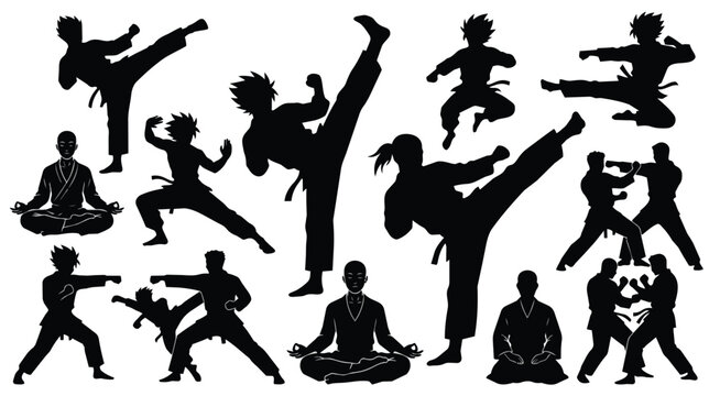 Martial arts silhouettes set, karate and taekwondo fighter poses, black vector icons of mma athletes in action, combat sports training elements