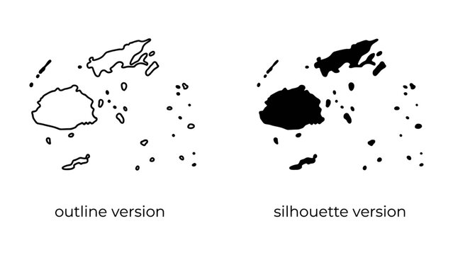 Fiji Map Outline and Silhouette: A clear representation of the Fiji islands, showcasing both an outline and a silhouette version for versatile design applications.
