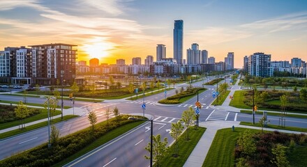 Obraz premium Modern residential city development at sunset with a vast skyline and intersecting roads