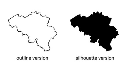 Fototapeta premium Belgium Map Outline and Silhouette: A graphic representation of Belgium, showcasing both its country border outline and solid black silhouette for clear visualization.