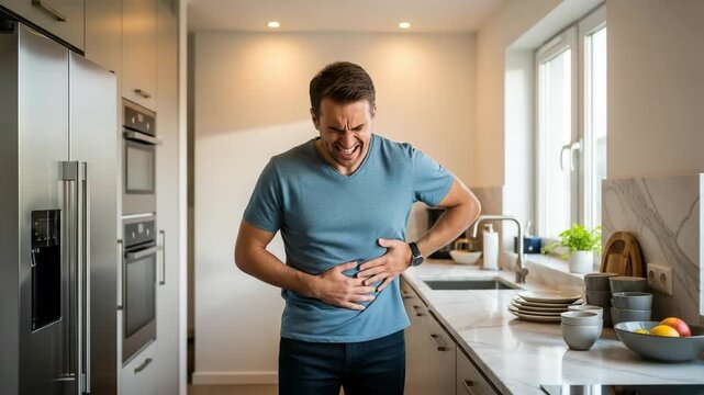 Abdominal Pain Distress A man in his kitchen clutching his stomach in evident pain with a look of distress and discomfort on his face