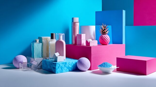 Colorful Cosmetic Packaging Display with Geometric Blocks