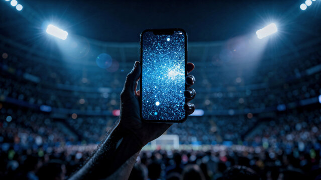 Hand holding smartphone with starfield screen in stadium at night, cinematic lighting, ideal for mobile app promotion, technology showcase and entertainment marketing