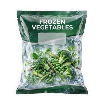 A sealed plastic bag of healthy frozen mixed vegetables including broccoli and green peas for quick cooking and nutrition