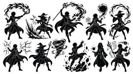 Fantasy wizard silhouettes casting magic spells, set of 10 sorcerer and witch character vectors, black mage silhouettes with elemental powers © Shahzaib
