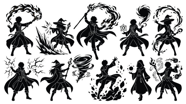 Fantasy wizard silhouettes casting magic spells, set of 10 sorcerer and witch character vectors, black mage silhouettes with elemental powers