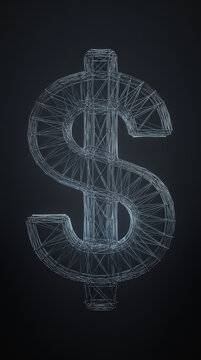 Metallic dollar sign symbol constructed from a complex wireframe structure glowing against a dark and moody deep grey studio background
