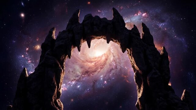 Majestic cosmic rock arch framing a vibrant spiral galaxy in deep space with stars and nebula clouds