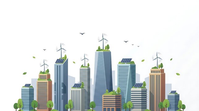 Futuristic eco friendly city street with autonomous electric shuttle and green buildings