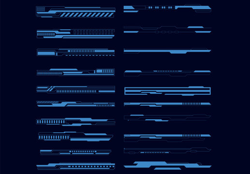 Set of futuristic blue digital interface elements for hud design and technology data overlays.