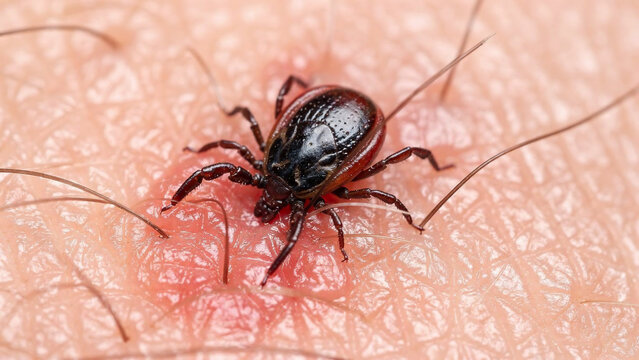 Macro shot of a tick embedded in human skin, red inflammation visible, suitable for medical illustration, health awareness campaigns and entomology studies