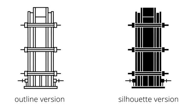 Concrete formwork: Two illustrations of a concrete formwork system, one in outline and one in silhouette, representing construction and engineering.
