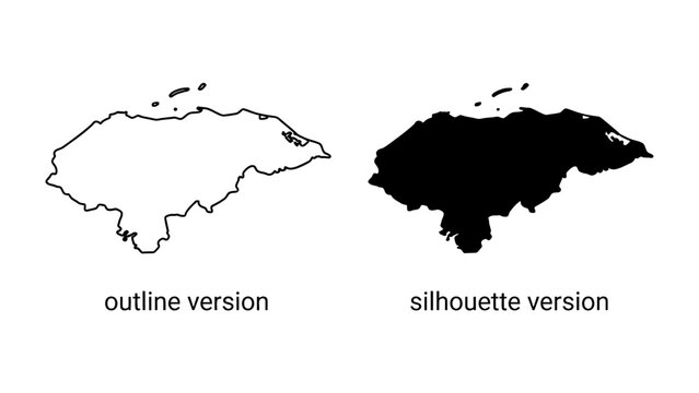 Honduras Map Outline and Silhouette: A clear and distinct outline map of Honduras presented alongside its solid silhouette version, ideal for cartography and educational purposes.
