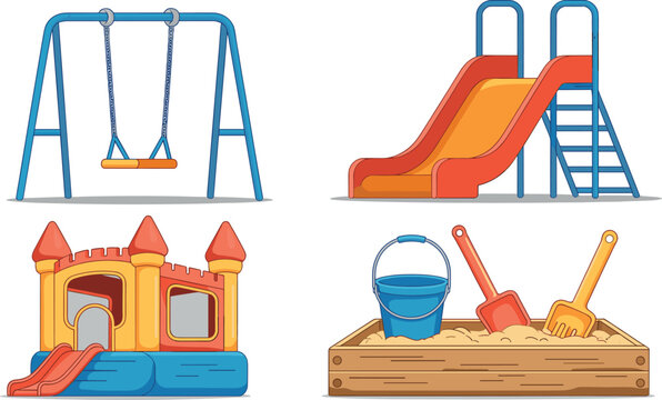 Vector set of kids playground equipment elements including swing slide bouncy castle sandbox isolated on white background