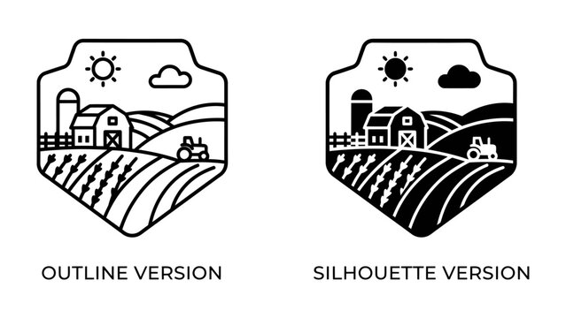 Farming Landscape Emblem: A stylized emblem depicting a farm scene with barn, fields, tractor, and sun, presented in both outline and silhouette versions, representing agricultural life.