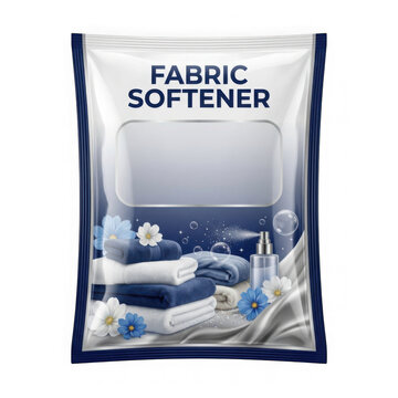 Fabric softener pouch packaging design with clean laundry towels and fresh flowers illustration