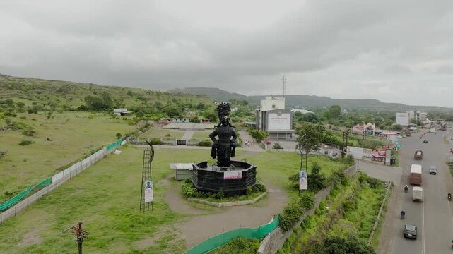 drone shot of Vitthal Statue at Dive Ghat,
Lord Vitthal Monument Maharashtra