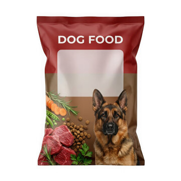 Dog food bag with a german shepherd picture and fresh meat ingredients
