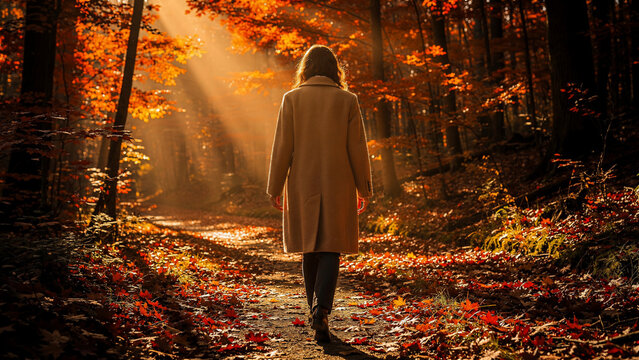 Woman in coat walking on forest path covered in autumn leaves, golden sunbeams piercing through trees, concept for seasons, nature and lifestyle
