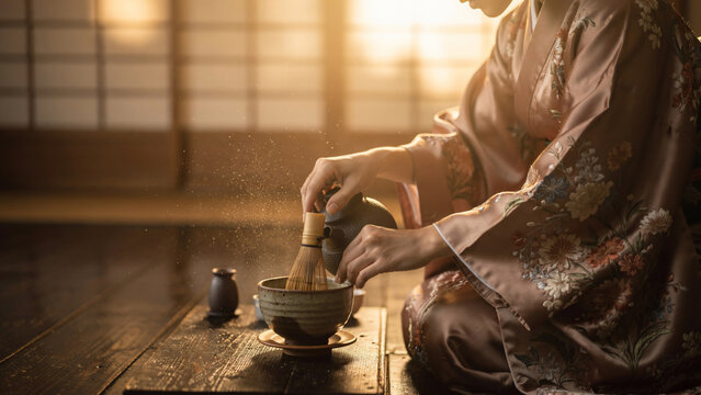 Woman in elegant floral kimono preparing matcha tea, golden hour light, ideal for culinary, travel and cultural blogs
