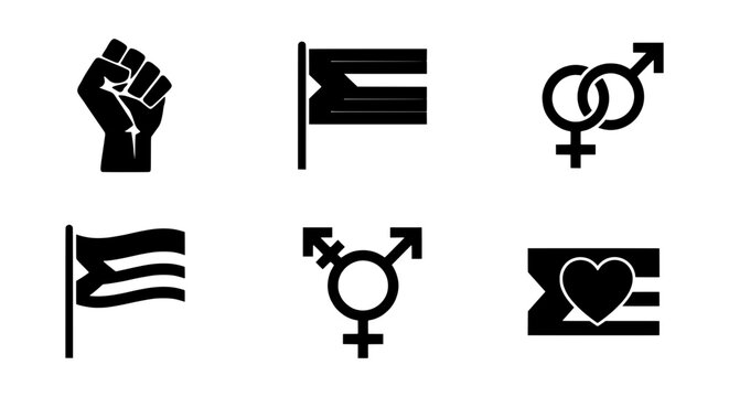 LGBTQ pride icons set, 6 black vector symbols, gender equality and human rights protest signs