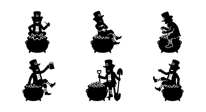 Vintage leprechaun silhouette set, Irish folklore characters with gold pots, 6 vector icons
